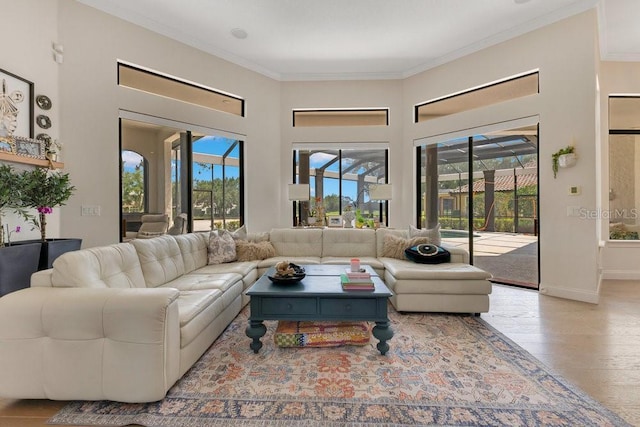 6761 Valhalla Way, Windermere, FL 34786 - living area with ornamental molding, wood finished floors, and a towering ceiling
