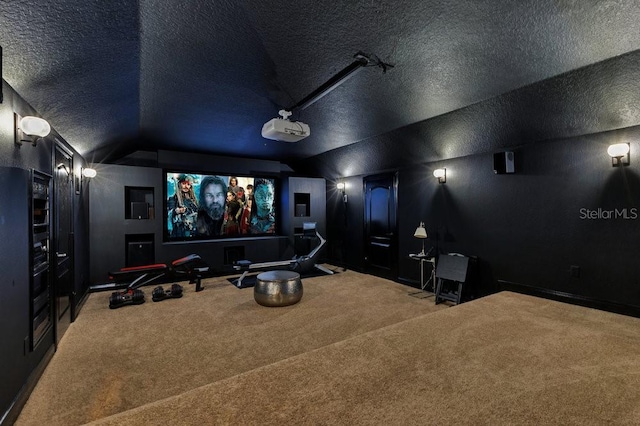 6761 Valhalla Way, Windermere, FL 34786 - carpeted home theater featuring lofted ceiling and a textured ceiling