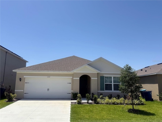 2569 Trinidad Rd, Haines City, FL 33844 - ranch-style house featuring concrete driveway, a garage, a front lawn, and stucco siding