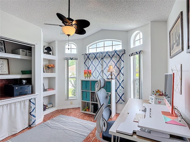 12445 Bohannon Blvd, Orlando, FL 32824 - home office with a ceiling fan, built in features, a textured ceiling, and tile patterned floors