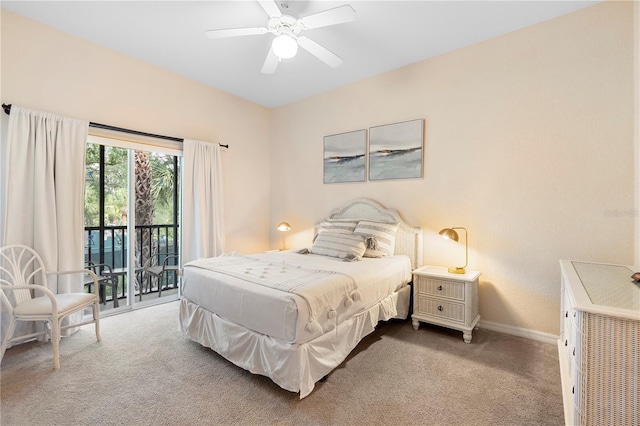 carpeted bedroom with access to outside, baseboards, and a ceiling fan