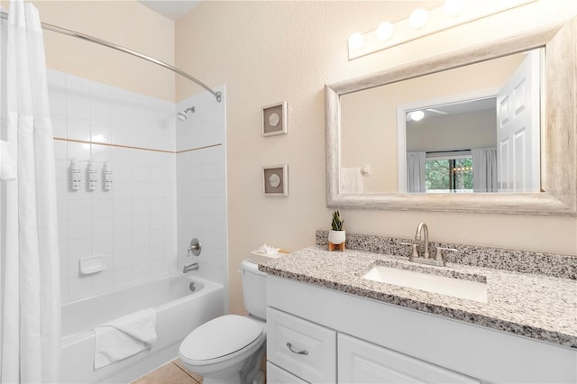full bathroom featuring toilet, shower / bath combo with shower curtain, and vanity