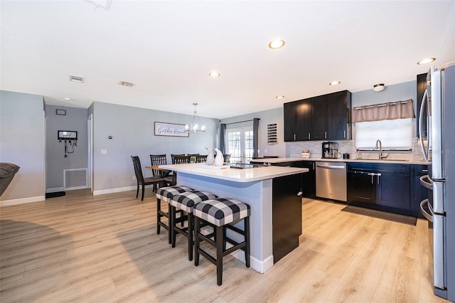 1730 Carolyn Ct, Saint Cloud, FL 34769 - kitchen featuring stainless steel appliances, a sink, a center island, light wood finished floors, and light countertops