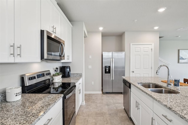 kitchen featuring stainless steel appliances, a sink, white cabinetry, and recessed lighting