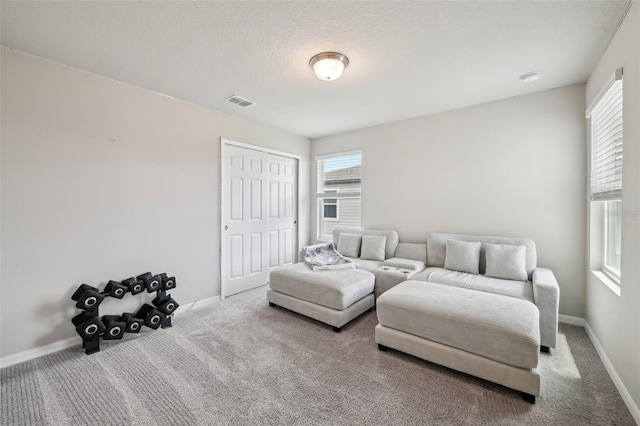 carpeted living area with plenty of natural light and baseboards