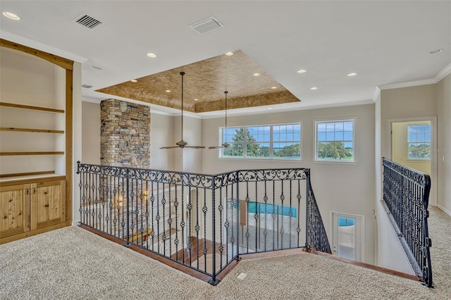 2350 Bradbury Rd, Haines City, FL 33844 - hall featuring carpet, ornamental molding, recessed lighting, and an upstairs landing
