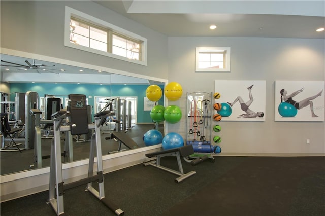 9318 Mclaren Aly, Winter Garden, FL 34787 - gym with a towering ceiling, a ceiling fan, and recessed lighting