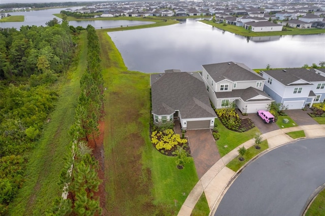 aerial perspective of suburban area with a nearby body of water