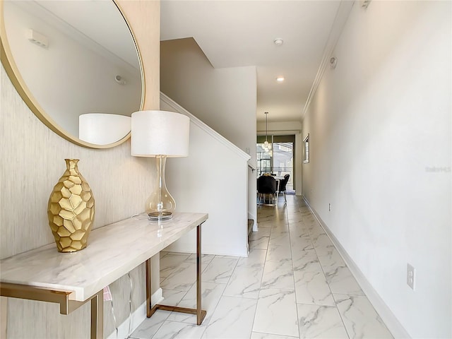 2970 Protagonist St, Kissimmee, FL 34746 - corridor featuring light marble finish floors, baseboards, and recessed lighting