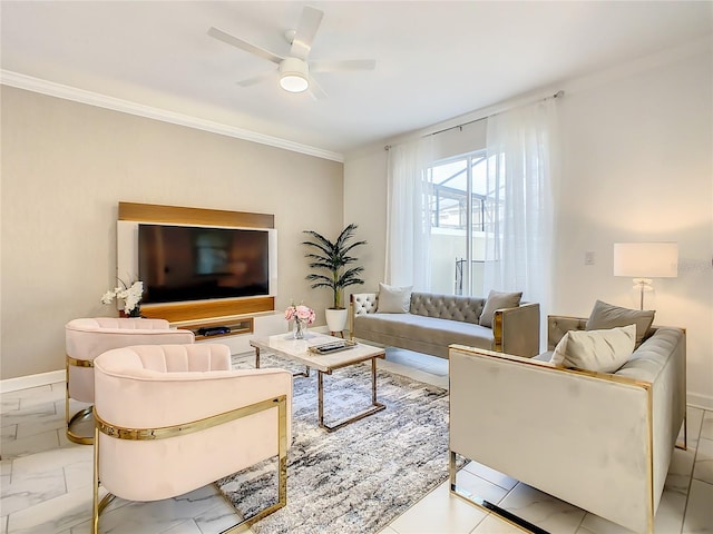 2970 Protagonist St, Kissimmee, FL 34746 - living area with light marble finish floors, ceiling fan, ornamental molding, and baseboards