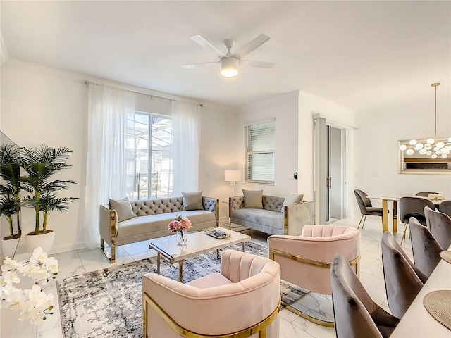 2970 Protagonist St, Kissimmee, FL 34746 - living room with light marble finish flooring, a ceiling fan, ornamental molding, and baseboards