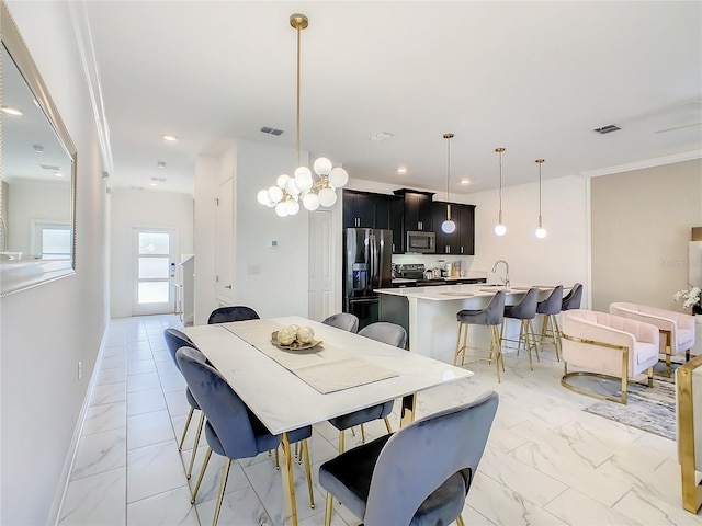 2970 Protagonist St, Kissimmee, FL 34746 - dining space featuring light marble finish flooring, recessed lighting, crown molding, and baseboards