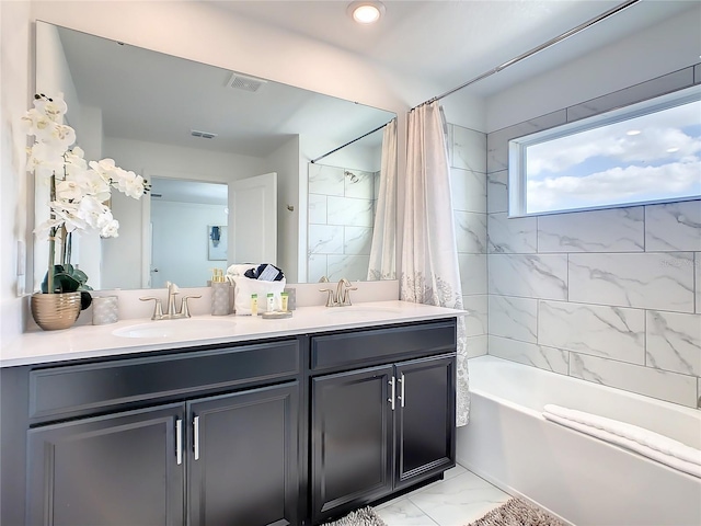 2970 Protagonist St, Kissimmee, FL 34746 - full bath featuring marble finish flooring, shower / bathtub combination with curtain, and double vanity