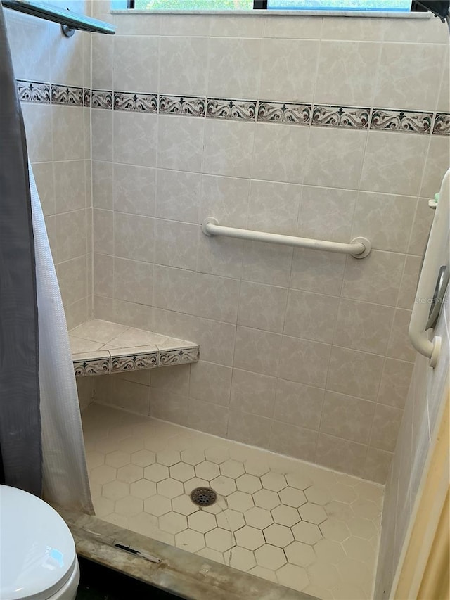bathroom featuring a stall shower and toilet