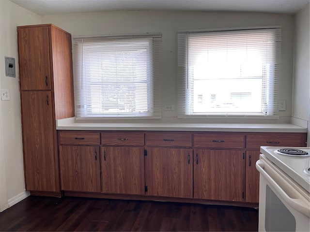 1413 11th St, Saint Cloud, FL 34769 - kitchen with white electric stove, dark wood-type flooring, light countertops, and plenty of natural light