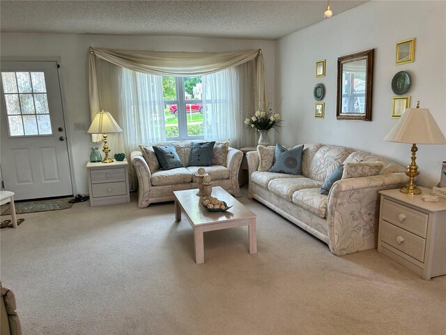 1410 Sanchez Ct, Lady Lake, FL 32159 - living room featuring light colored carpet and a textured ceiling