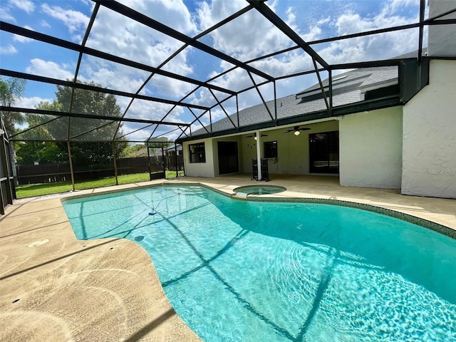 7200 Green Pine Ct, Orlando, FL 32819 - outdoor pool featuring an in-ground hot tub, a ceiling fan, a patio, and a lanai