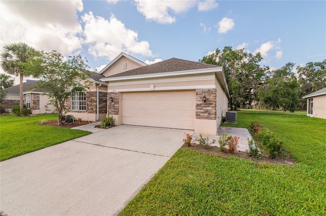 view of front facade featuring stone siding, a garage, concrete driveway, and a front lawn