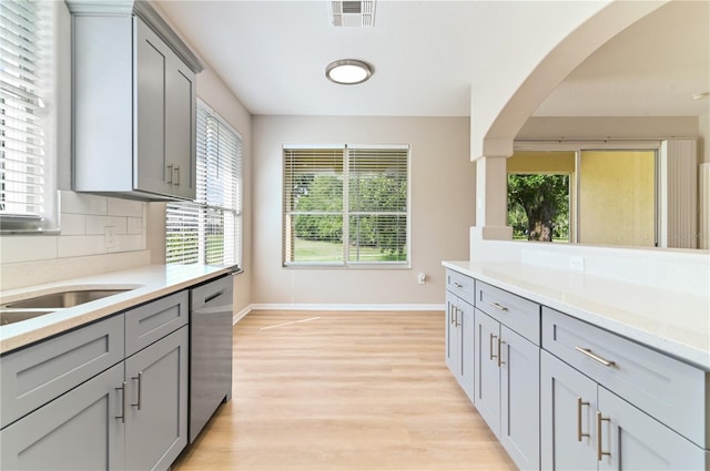 kitchen with gray cabinets, stainless steel dishwasher, healthy amount of natural light, and light countertops
