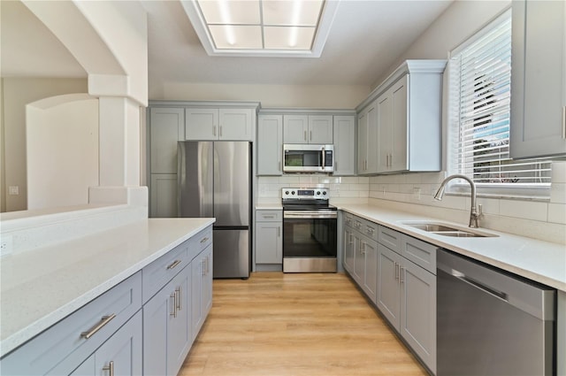 kitchen featuring appliances with stainless steel finishes, gray cabinets, a sink, and backsplash