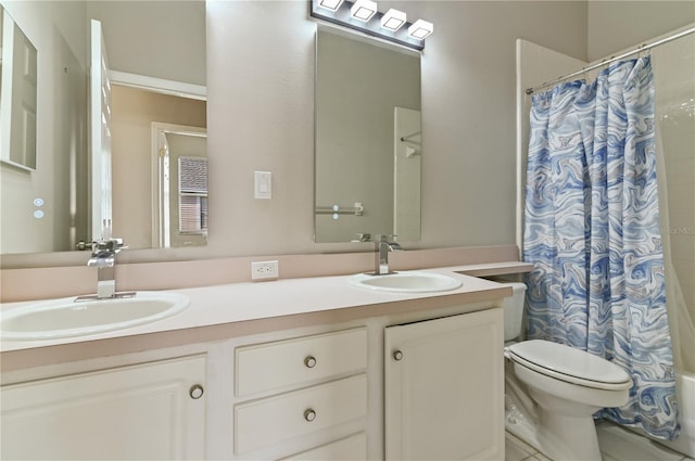 full bathroom with toilet, double vanity, and shower / tub combo