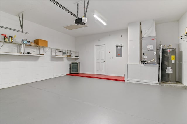 garage with electric panel, electric water heater, a garage door opener, and heating unit