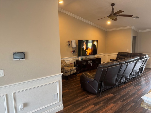 18805 Nettleton St, Orlando, FL 32833 - living area featuring dark wood finished floors, wainscoting, ceiling fan, a decorative wall, and ornamental molding