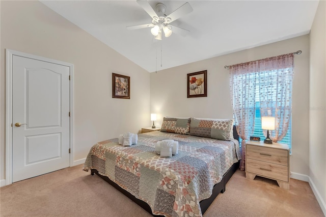 620 Old Bridge Cir, Davenport, FL 33897 - bedroom featuring light colored carpet, baseboards, vaulted ceiling, and a ceiling fan