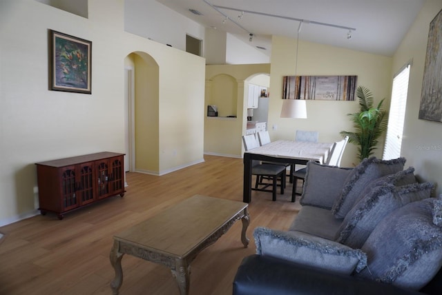 10308 Soaring Eagle Dr, Riverview, FL 33578 - living area with arched walkways, rail lighting, lofted ceiling, wood finished floors, and baseboards