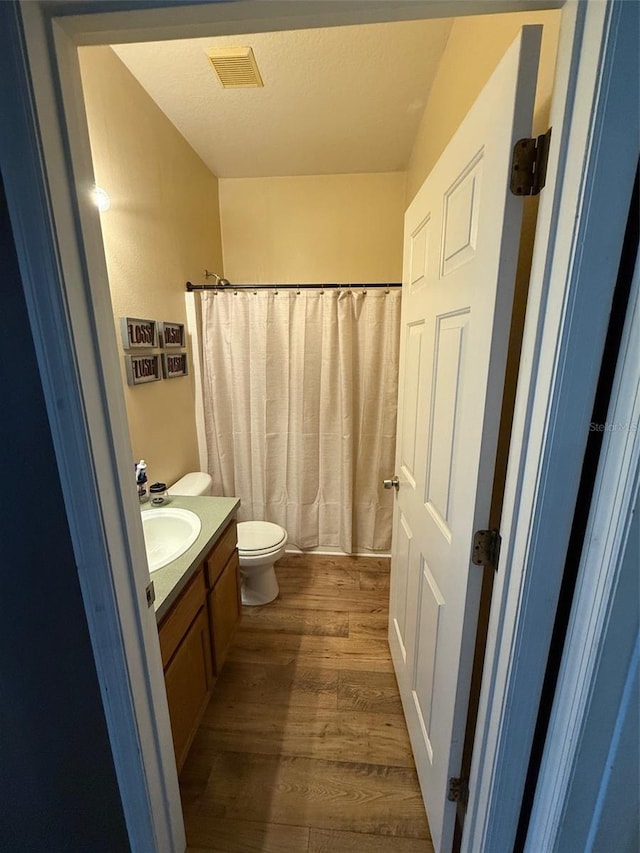 bathroom with wood finished floors, vanity, toilet, and a shower with shower curtain