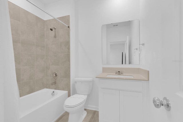 bathroom with shower / bathtub combination with curtain, toilet, vanity, baseboards, and tile patterned floors