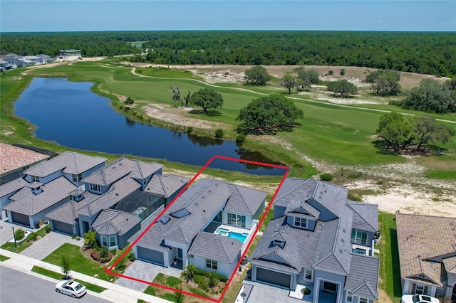 aerial perspective of suburban area featuring property boundaries highlighted, a nearby body of water, a local golf course, and a heavily wooded area