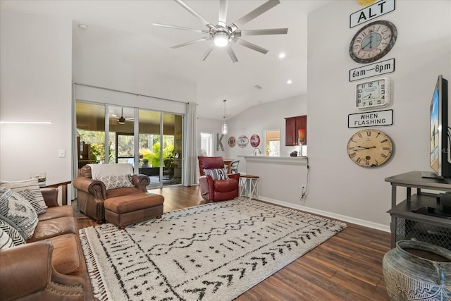 living area featuring wood finished floors, ceiling fan, lofted ceiling, baseboards, and recessed lighting