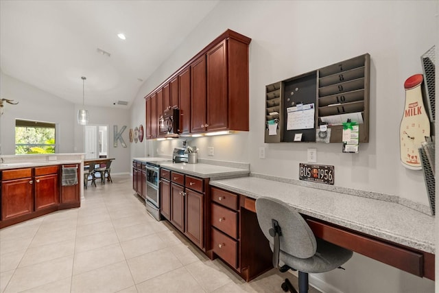 kitchen with stainless steel range with electric stovetop, black microwave, lofted ceiling, light countertops, and light tile patterned floors