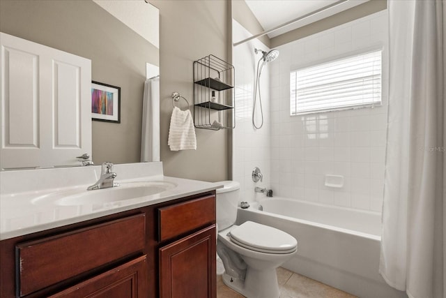 bathroom featuring toilet, shower / bathtub combination with curtain, vanity, and tile patterned flooring