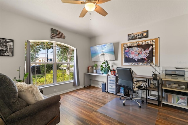 office area with ceiling fan, wood finished floors, and baseboards