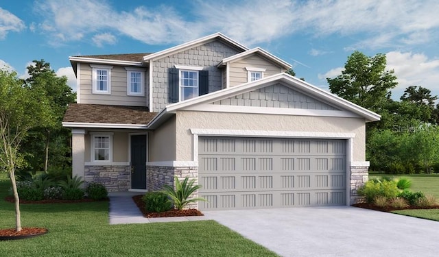 craftsman inspired home with stone siding, a front lawn, an attached garage, concrete driveway, and stucco siding