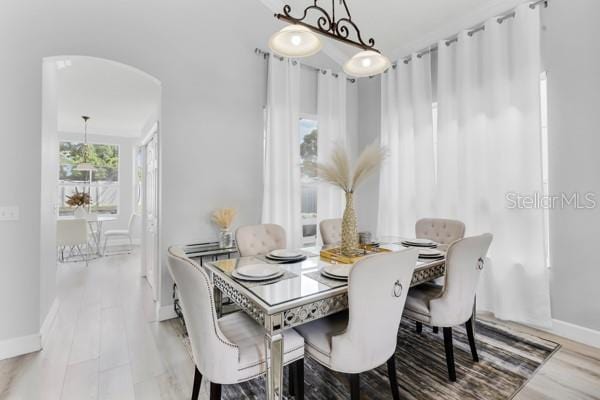 721 Hardwood Cir, Orlando, FL 32828 - dining space featuring baseboards, arched walkways, and wood finished floors