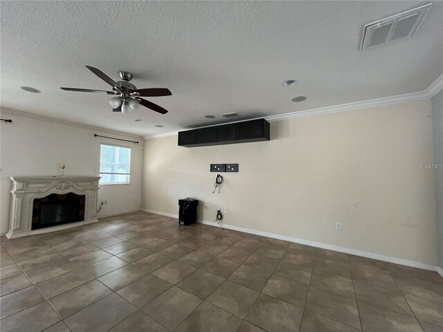 3003 Cobham Rd, Kissimmee, FL 34758 - unfurnished living room with crown molding, ceiling fan, tile patterned floors, a fireplace with raised hearth, and baseboards