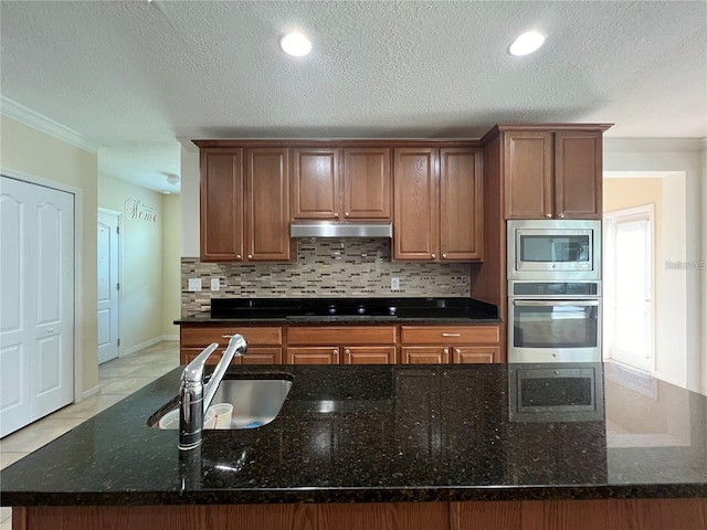 3003 Cobham Rd, Kissimmee, FL 34758 - kitchen featuring stainless steel appliances, a sink, under cabinet range hood, backsplash, and dark stone counters