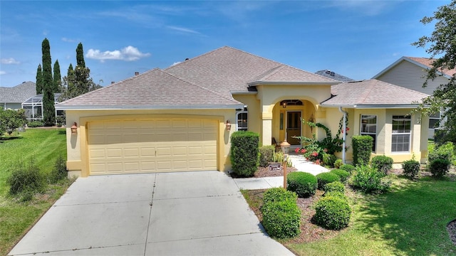 1258 Donalds Pl, The Villages, FL 32162 - view of front of home featuring stucco siding, a front lawn, a garage, and driveway