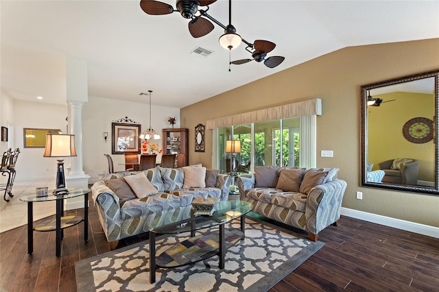 1258 Donalds Pl, The Villages, FL 32162 - living room with ceiling fan, dark wood-style flooring, baseboards, and vaulted ceiling