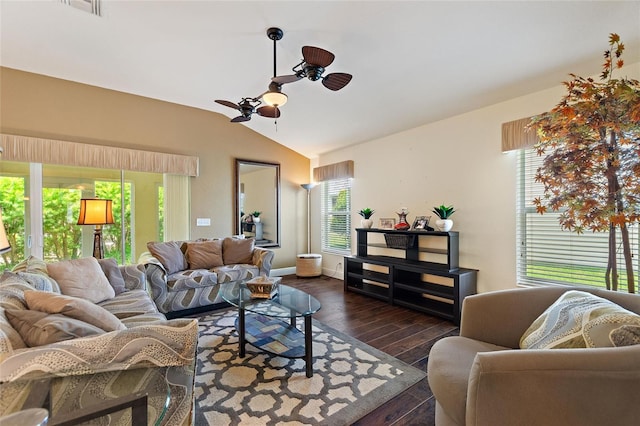 1258 Donalds Pl, The Villages, FL 32162 - living area featuring vaulted ceiling, a ceiling fan, dark wood-type flooring, and baseboards