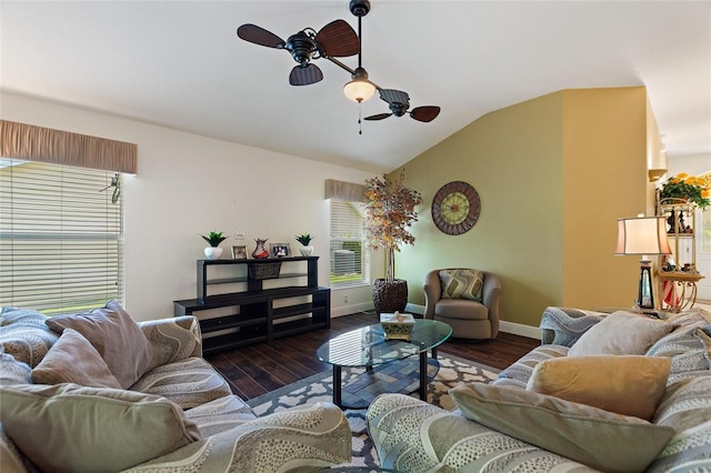 1258 Donalds Pl, The Villages, FL 32162 - living room with ceiling fan, vaulted ceiling, wood finished floors, and baseboards