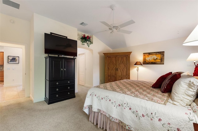 1258 Donalds Pl, The Villages, FL 32162 - bedroom with lofted ceiling, light colored carpet, a ceiling fan, and baseboards