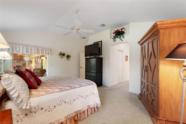 1258 Donalds Pl, The Villages, FL 32162 - bedroom with light carpet, lofted ceiling, arched walkways, baseboards, and ceiling fan