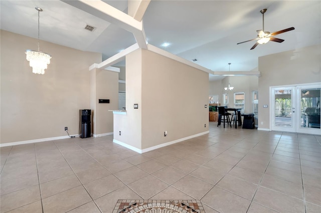 3211 Countryside View Dr, Saint Cloud, FL 34772 - living area featuring light tile patterned flooring, a chandelier, high vaulted ceiling, and ceiling fan