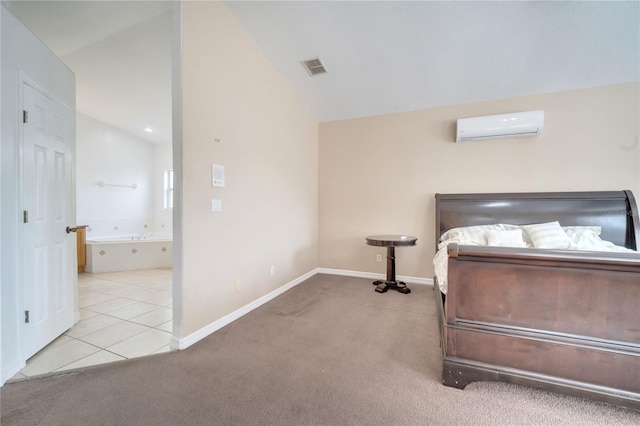 3211 Countryside View Dr, Saint Cloud, FL 34772 - carpeted bedroom with a wall unit AC, lofted ceiling, baseboards, and ensuite bath