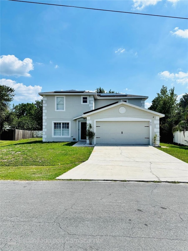 467 Martigues Dr, Kissimmee, FL 34759 - traditional-style house with stucco siding, concrete driveway, a garage, and solar panels