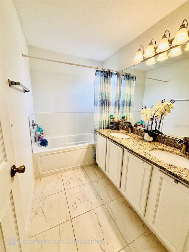467 Martigues Dr, Kissimmee, FL 34759 - bathroom with a bath, marble look tiles, double vanity, and curtained shower